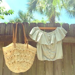 CCO Beaded Beach Tote Neutral, Brown Leather Strap